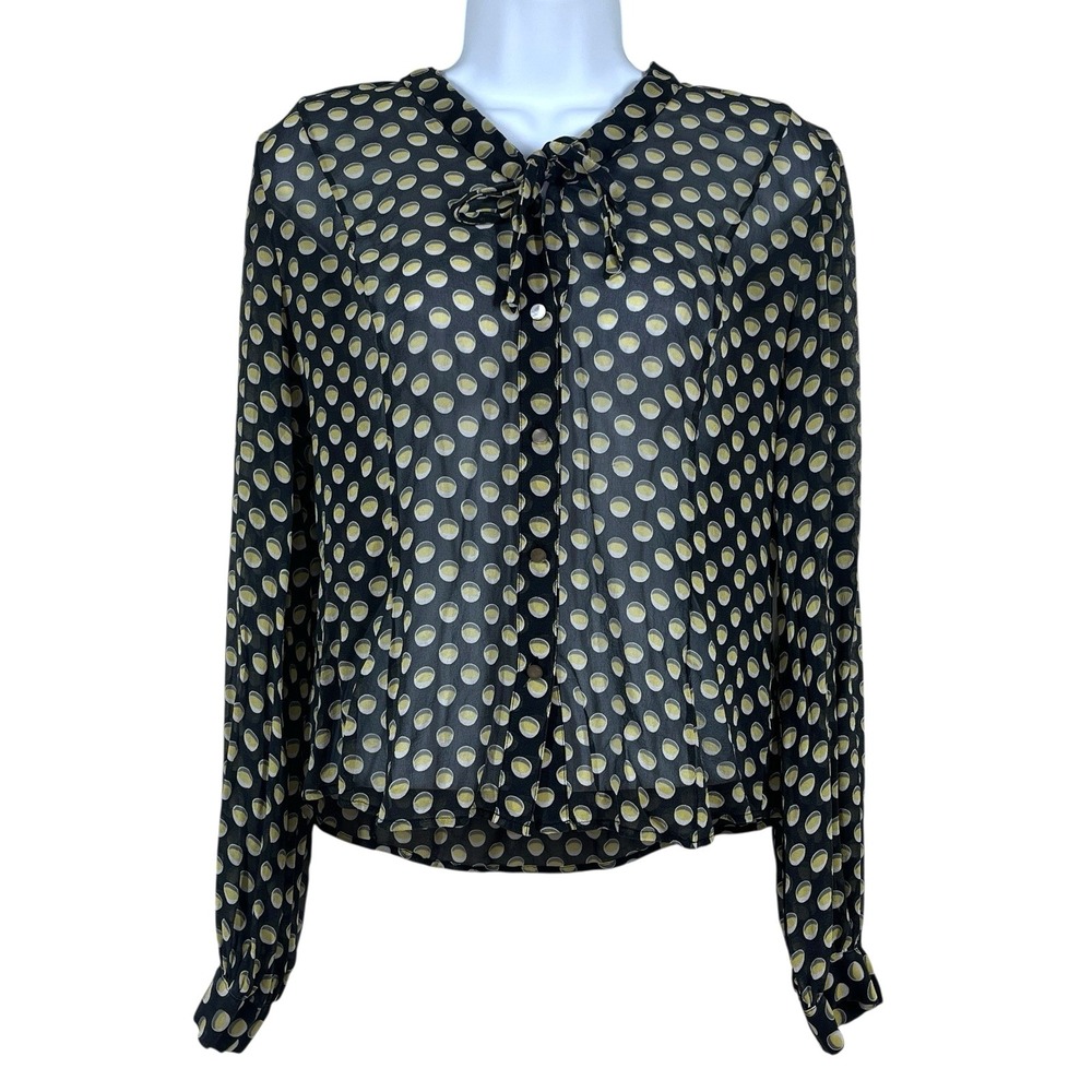 Garfield & Marks 100% Silk Blouse Womens 6 Black Polka Dot Button Front Neck Bow